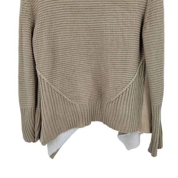 Boho Cardigan M Tan Sherpa Faux Suede Open Waterfall Large Collar Country Vegan - Picture 8 of 9